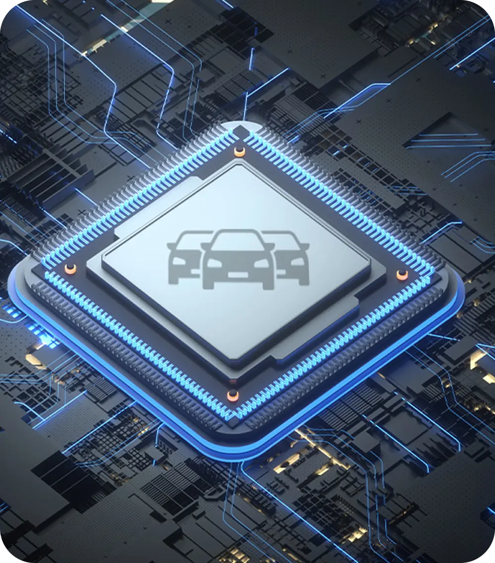 Circuit board close up of the cpu with a logo of 3 cars on it.